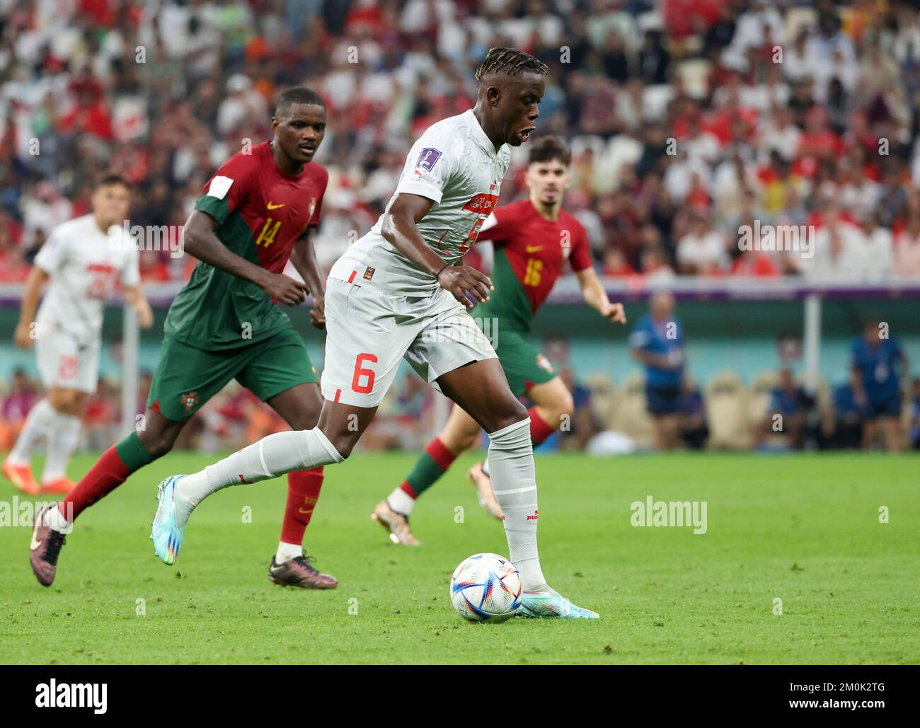 Denis Zakaria of Switzerland, William Carvalho of Portugal (left) during the FIFA World Cup 2022, Round of 16 football match between Portugal and Switzerland on December 6, 2022 at Lusail Stadium in Al Daayen, Qatar - Photo Jean Catuffe / DPPI Stock Photo