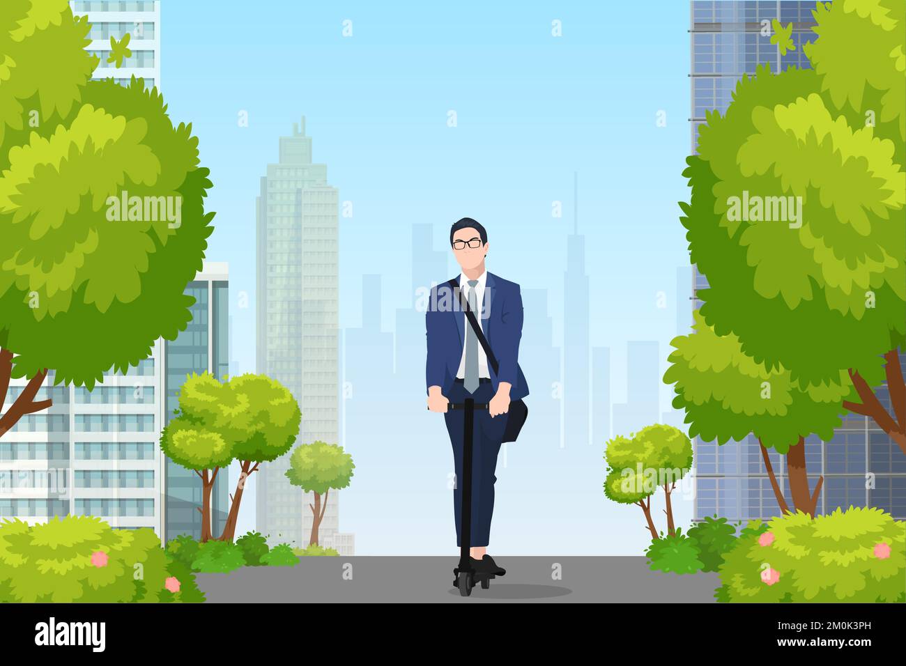 young asian business person commuting by push scooter in city Stock Vector