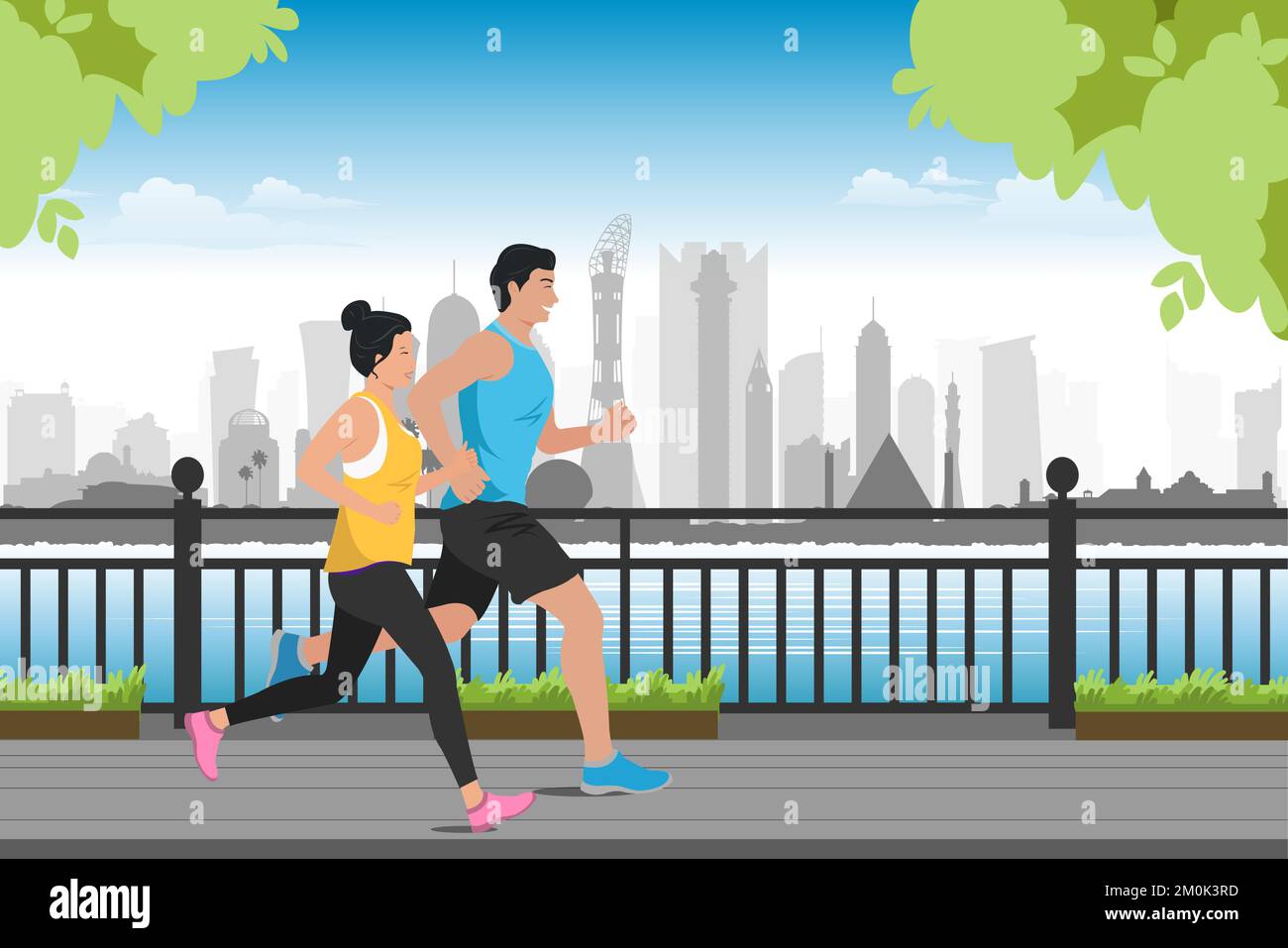 young asian couple exercising running jogger outdoors in modern city Stock Vector