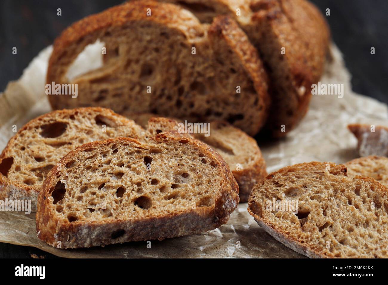 Close Up Slice Sourdough Bread Texture with Brown Color, Rustic