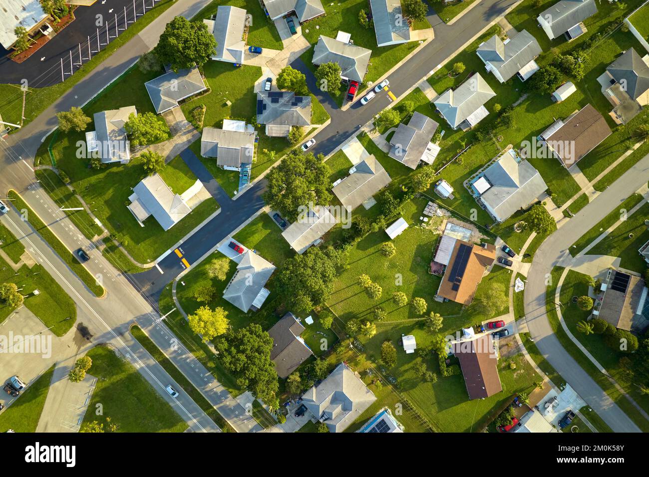 Aerial view of small town America suburban landscape with private homes
