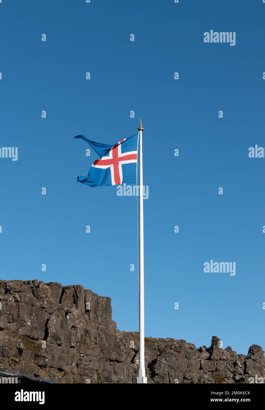 Icelandic flag on a clear day at the Mid-Atlantic Ridge, Iceland Stock Photo
