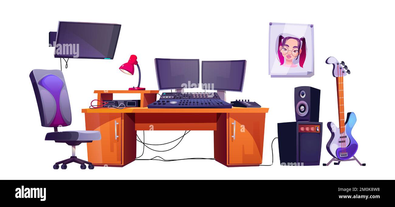 Music studio room equipment set. Record producer or audio engineer