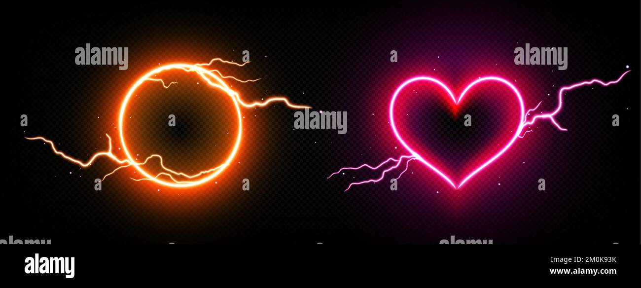 Lightning neon frames, round and heart shaped electric thunderbolt