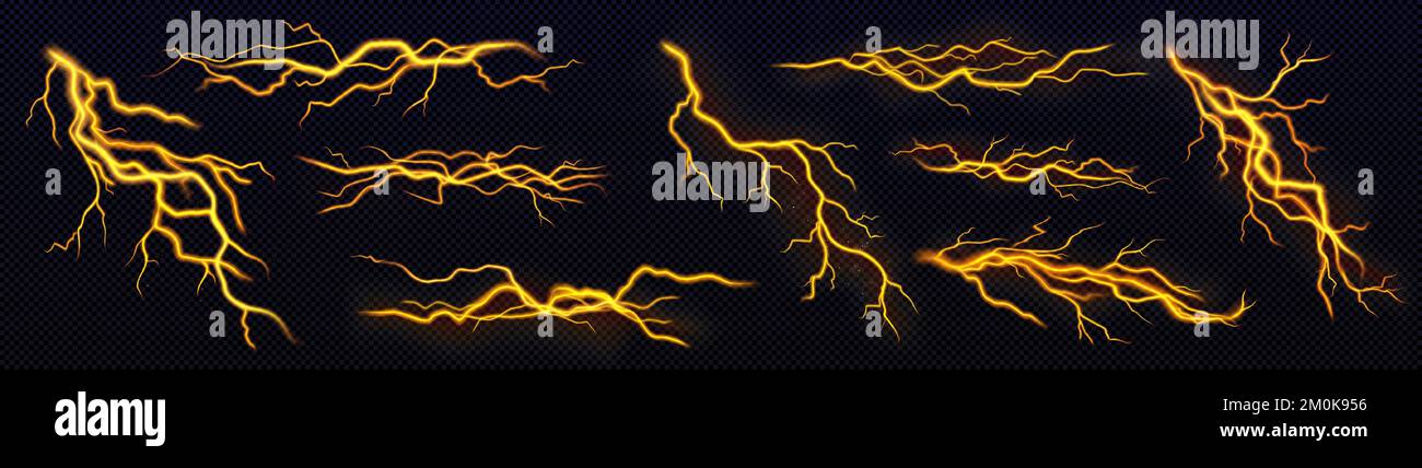 Set of yellow lightning, electric thunderbolt strike during night storm ...