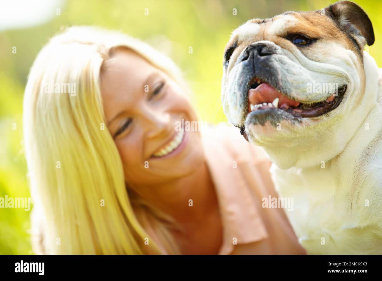 He smiles all the time. Portrait of a happy dog with his owner. Stock Photo