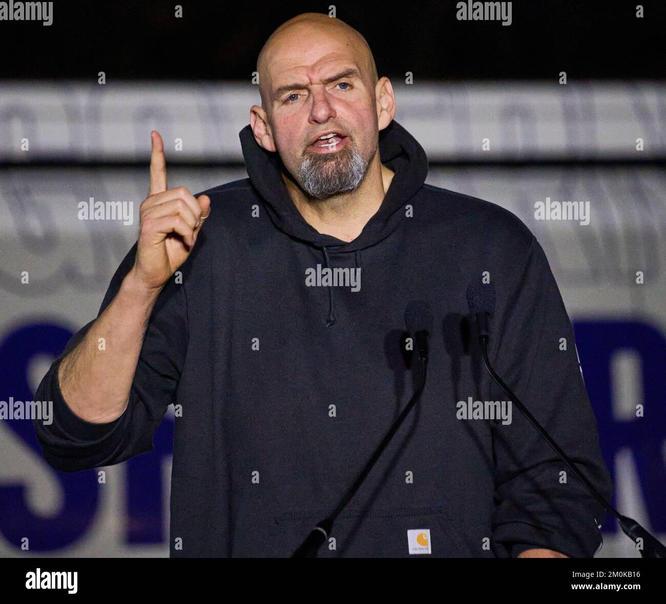 NEWTOWN, PA, USA - NOVEMBER 06, 2022: John Fetterman speaks at a Campaign Rally at Bucks County Community College. Stock Photo