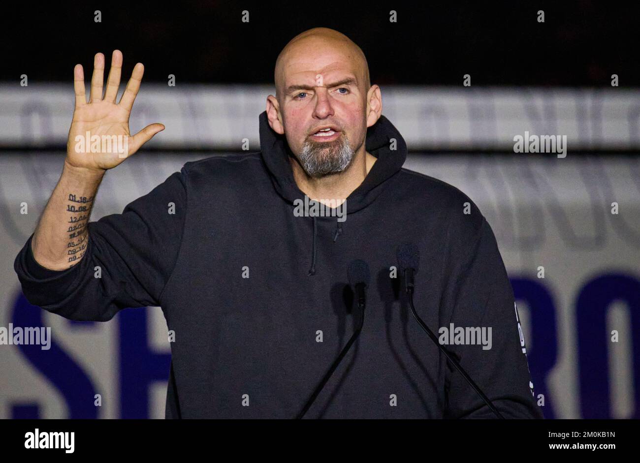 NEWTOWN, PA, USA - NOVEMBER 06, 2022: John Fetterman speaks at a Campaign Rally at Bucks County Community College. Stock Photo