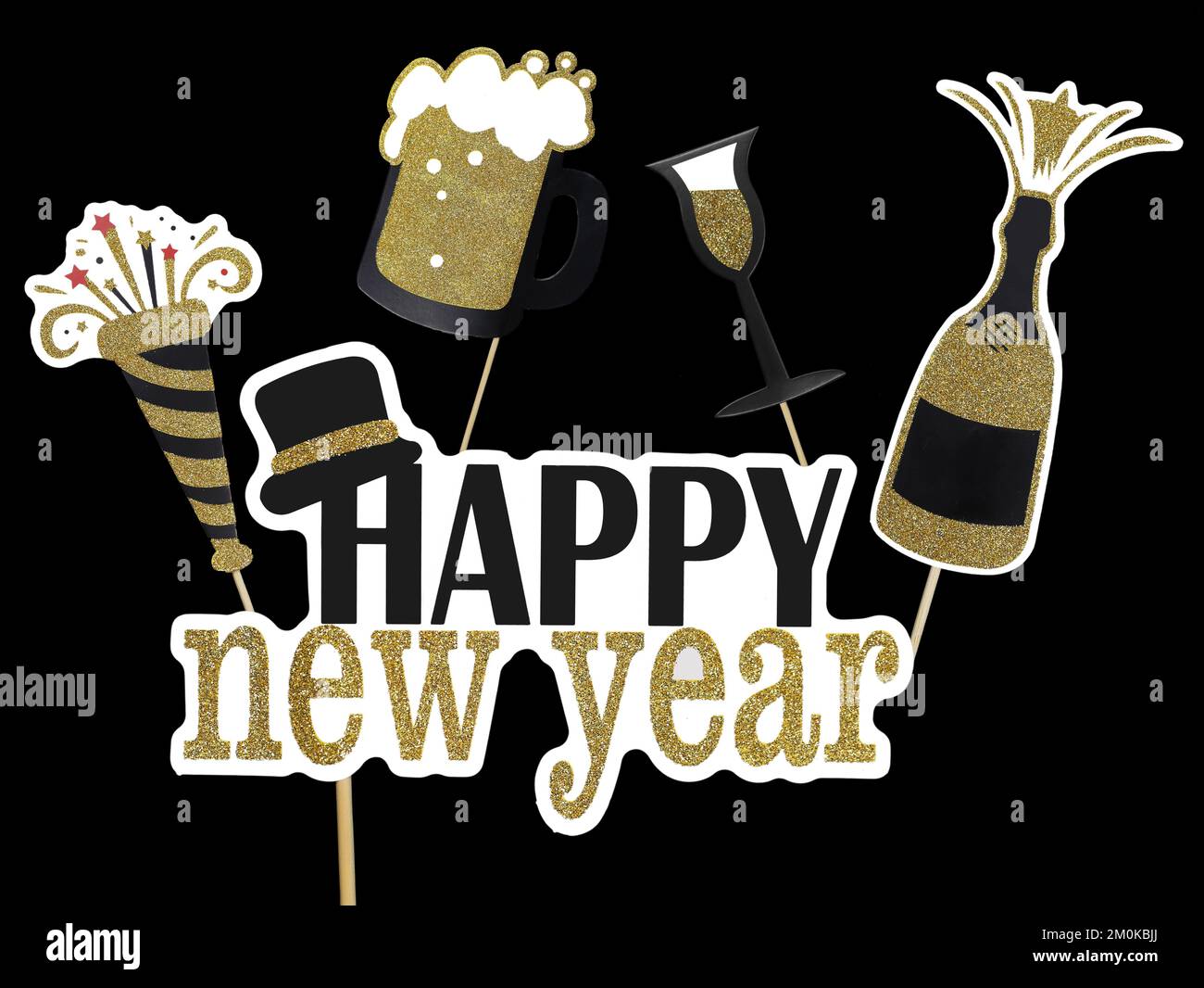Happy New Year golden Text on Wooden Sticks with Popping Champagne and Frothy Beer, New Years Eve Party Concept Image Isolated on Black Background Stock Photo