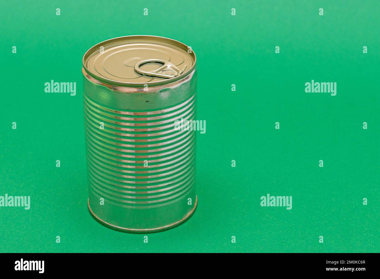 Unopened Tin Can with Blank Edge on Green Background. Canned Food