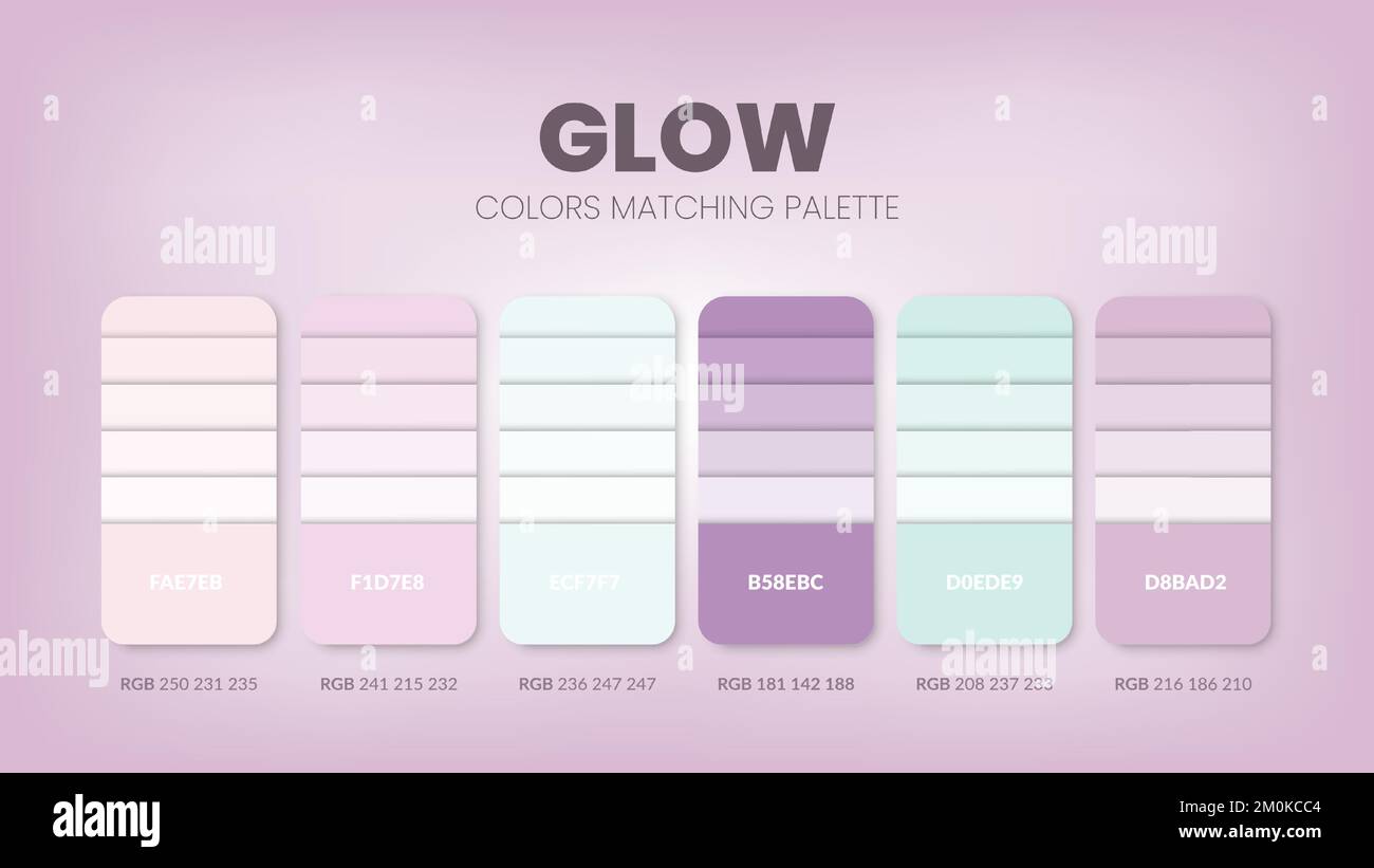 Color palette in a Glow colour theme collections. Color scheme or colors chart template. Color combination set of RGB, HSL and HEX codes. Color swatch Stock Vector