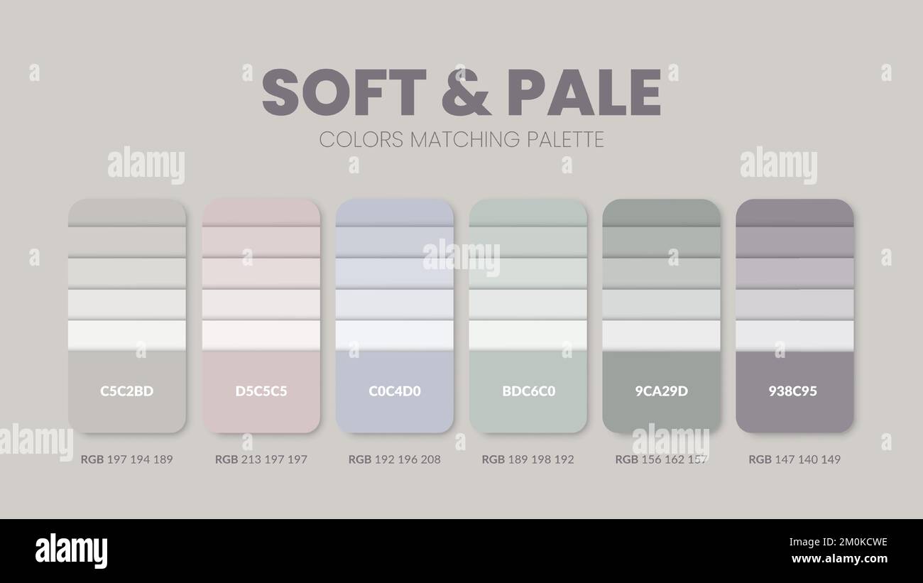 Color palette in Soft and Pale colour theme collections. Color scheme or colors chart template. Color combination set of RGB, HSL and HEX codes. Color Stock Vector