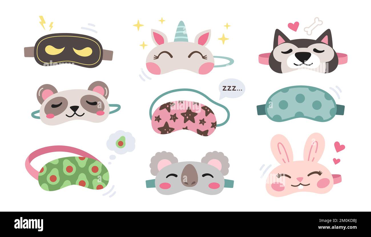 Kids sleeping masks set. Cute animals faces masks koala, unicorn