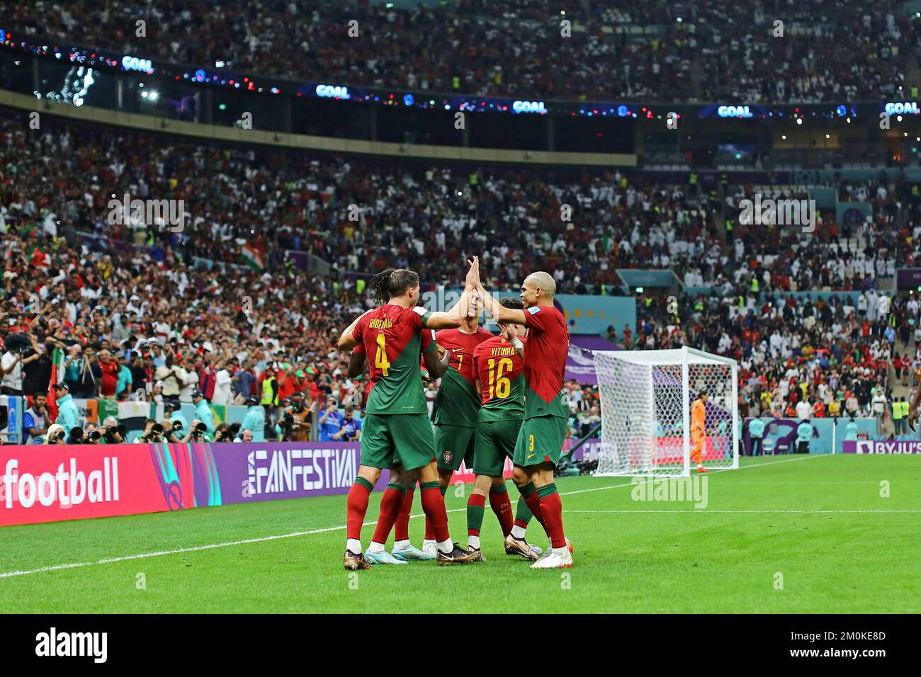 Lusail Stadium, Qatar. 6th Dec, 2022. FIFA World Cup, final 16 stage, Portugal versus Switzerland: Rafael Le&#xe3;o of Portugal celebrates his goal with R&#xfa;ben Dias, Cristiano Ronaldo and Pepe Credit: Action Plus Sports/Alamy Live News Stock Photo