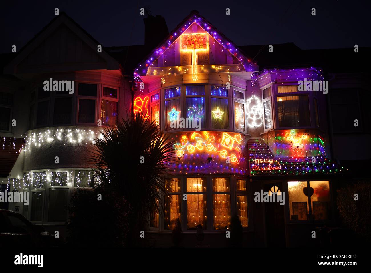 A house decorated with Christmas lights in Palmers Green, North London