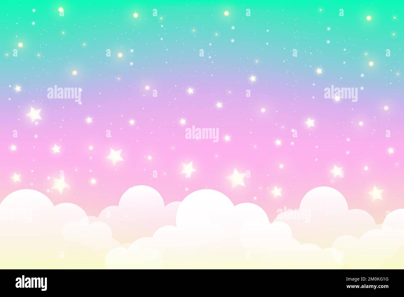 Holographic fantasy rainbow unicorn background with clouds and bubbles. Pastel color sky. Magical landscape, abstract fabulous pattern. Cute candy Stock Vector