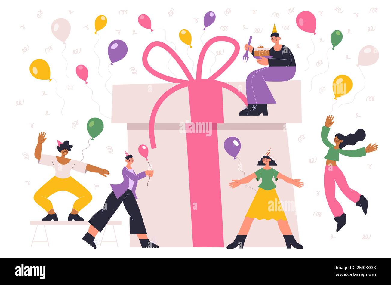 Birthday party holiday celebrating people. Happy boys and girls in festive hats with colorful balloons and giant gift box Stock Vector