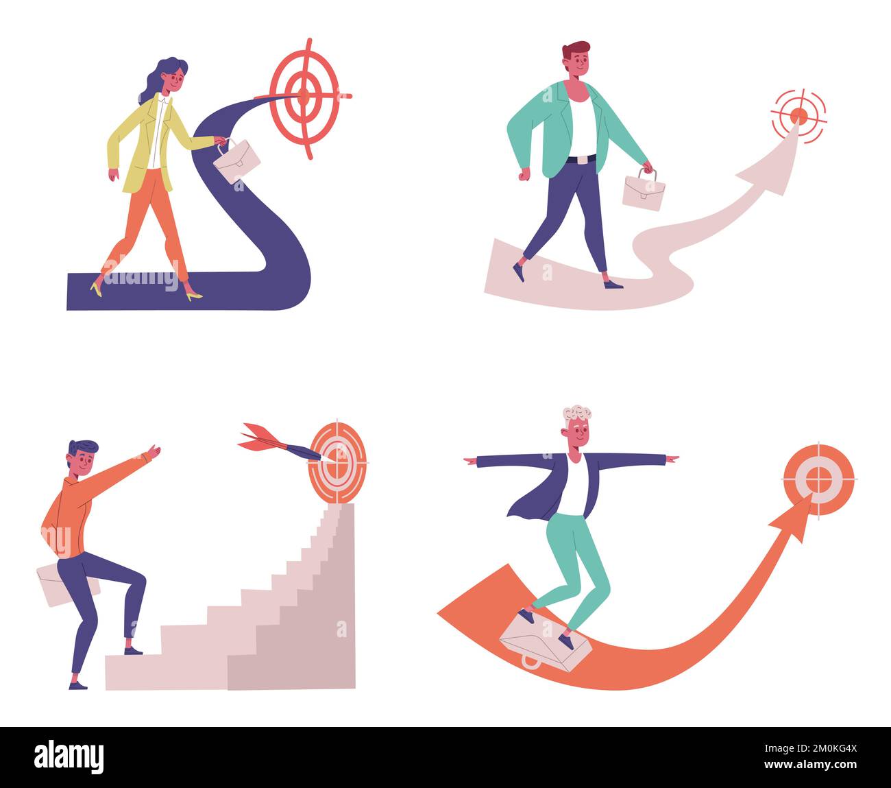 Business goals achievements. Female and male office workers going to aim, employees getting success at work Stock Vector