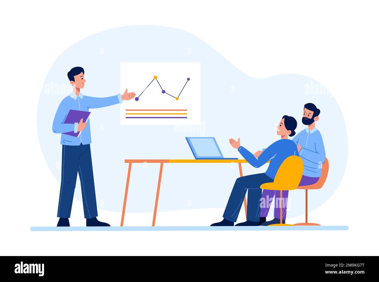 Business meeting presentation. Female and male office workers having brainstorming, discussion. Man presenter Stock Vector