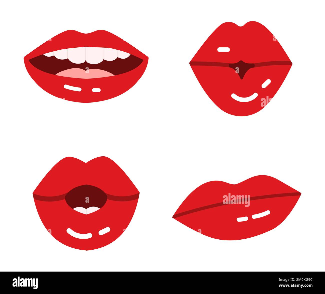 Cartoon lips. Glossy red seductive lipstick for ladies. Kissing, smiling with teeth, surprised and hesitating expressions Stock Vector