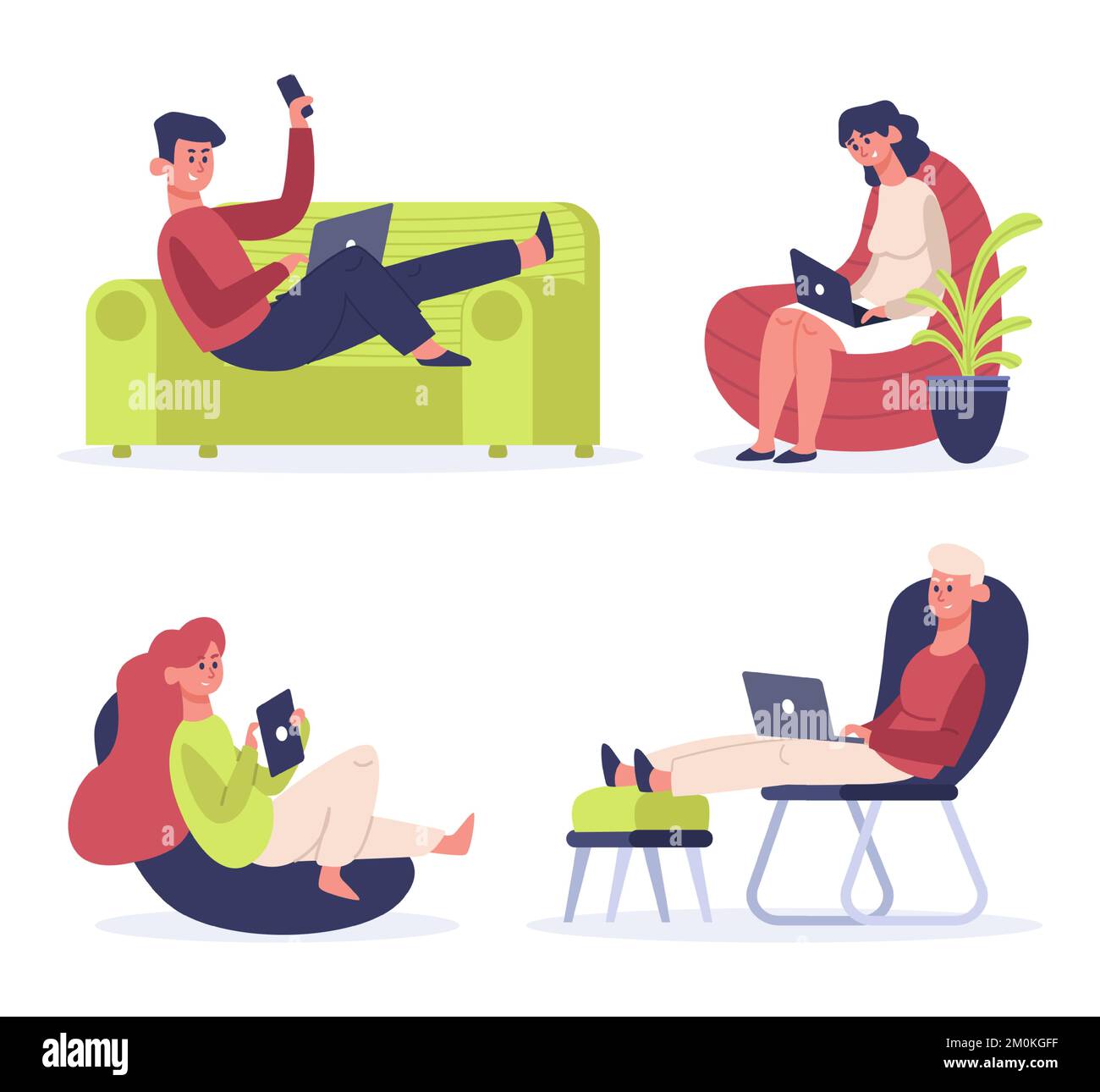 Freelance working people. Man lying on sofa, woman sitting on comfortable chair and working with laptop and tablet Stock Vector