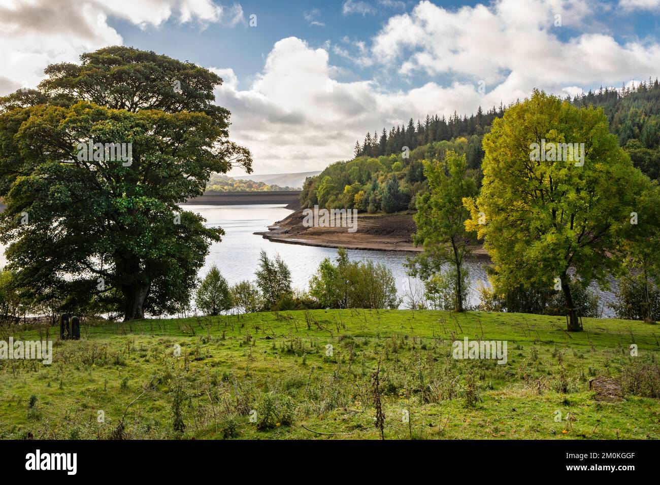 Ladybower Reservoir with a low water level in the peak District of Derbyshire Stock Photo