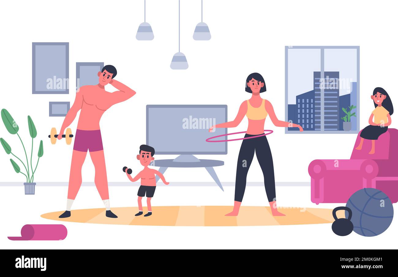 Home family fitness. Parents and kids doing sport indoor. Father and son exercising with dumbbells, mother with hula hoop Stock Vector