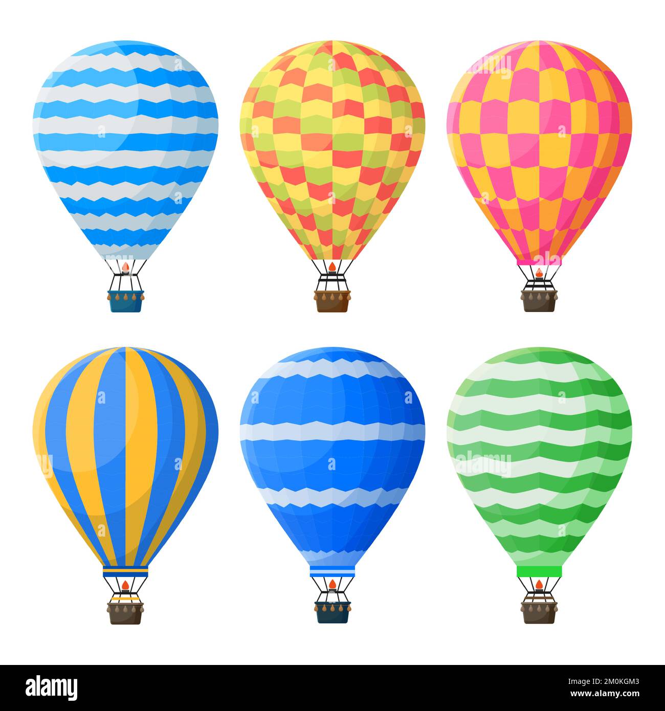 Hot air balloons, colorful flying vintage airships. Sky vehicle for adventure, traveling activity. Airship journey Stock Vector