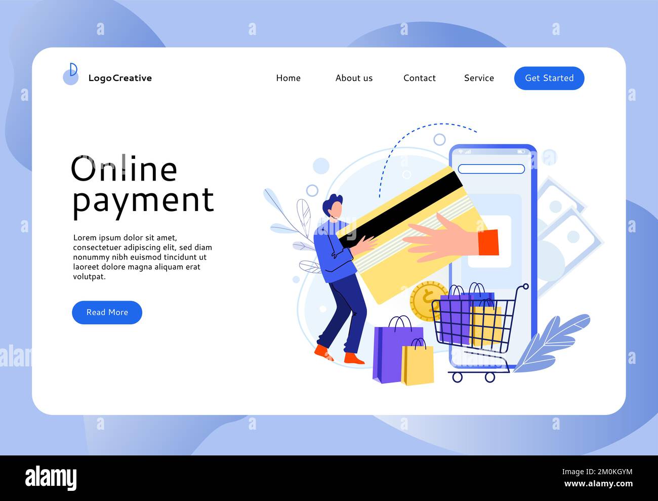 Online shopping landing page. Man doing payment with credit card online via smartphone. Male character buying Stock Vector