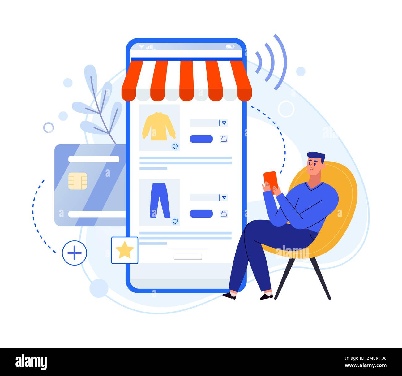 Online shopping app. Man sitting on chair and buying clothes in smartphone, paying with credit card, Male character Stock Vector