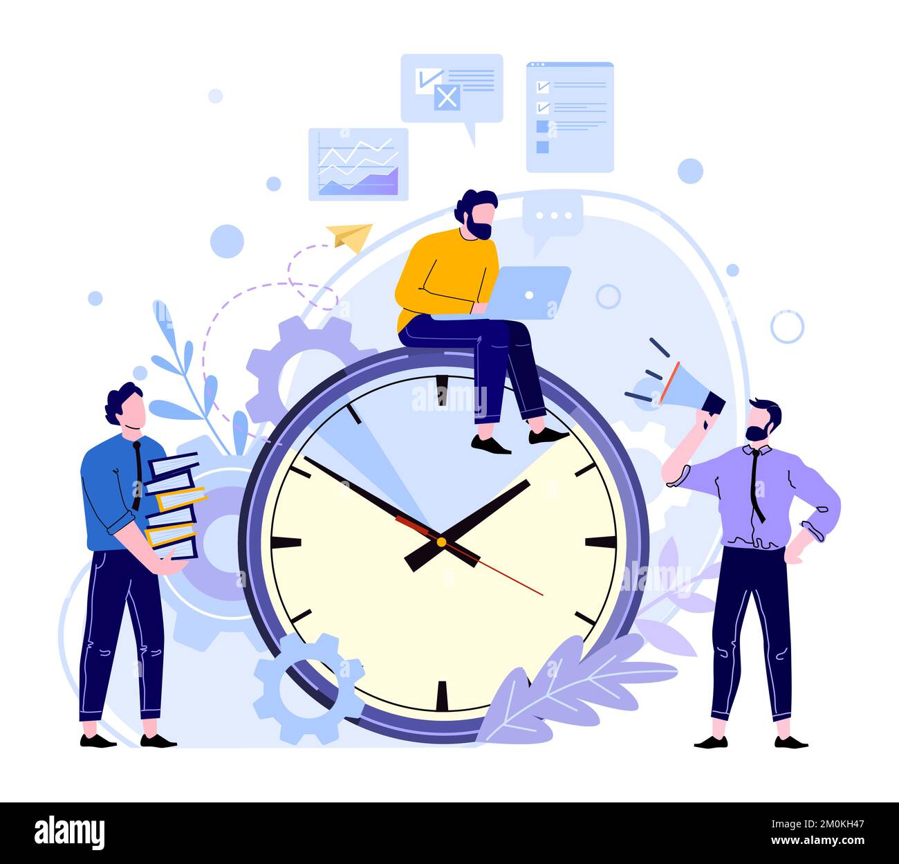 Organized office work. Employee sitting at big clock and working at laptop to meet deadline. Manager holding loudspeaker Stock Vector