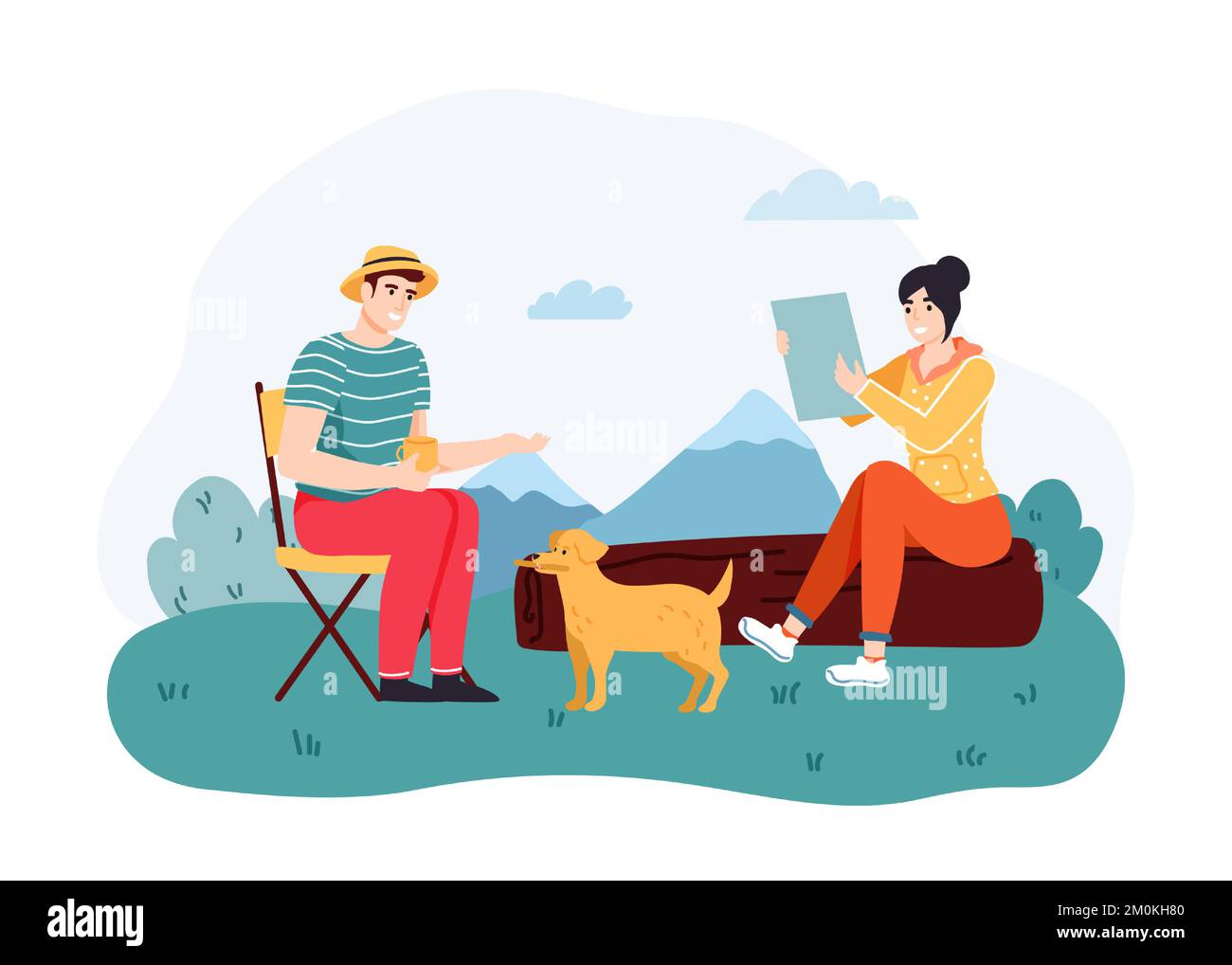 People traveling or hiking on nature. Man sitting on chair outdoor drinking hot beverage and playing with dog pet Stock Vector