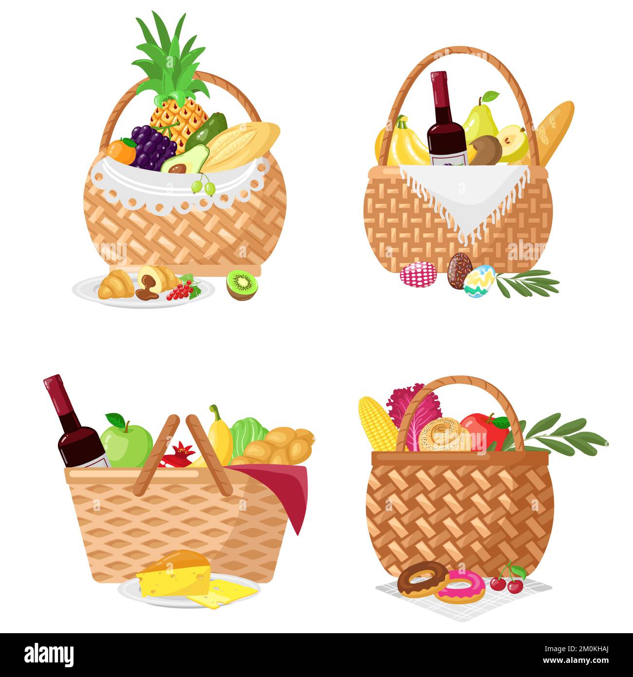 Picnic baskets. Wicker containers with fruit, vegetables, bread and