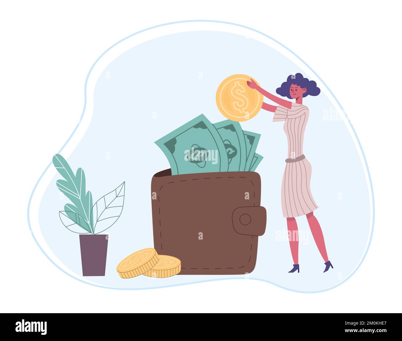Saving money financial concept. Woman worker putting gold coin into wallet full of dollar banknotes. Female character Stock Vector