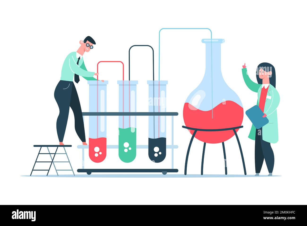 Science laboratory research. Scientists doing experiment with lab equipment. Workers working with liquids Stock Vector
