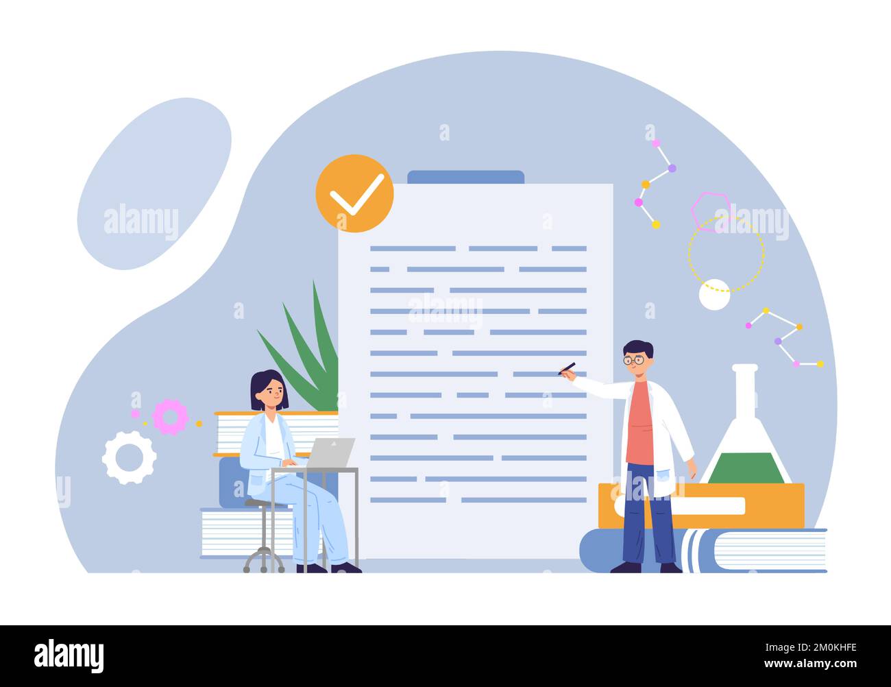 Scientists doing research in laboratory. Man with chemical equipment and books having experiment. Woman writing in laptop Stock Vector