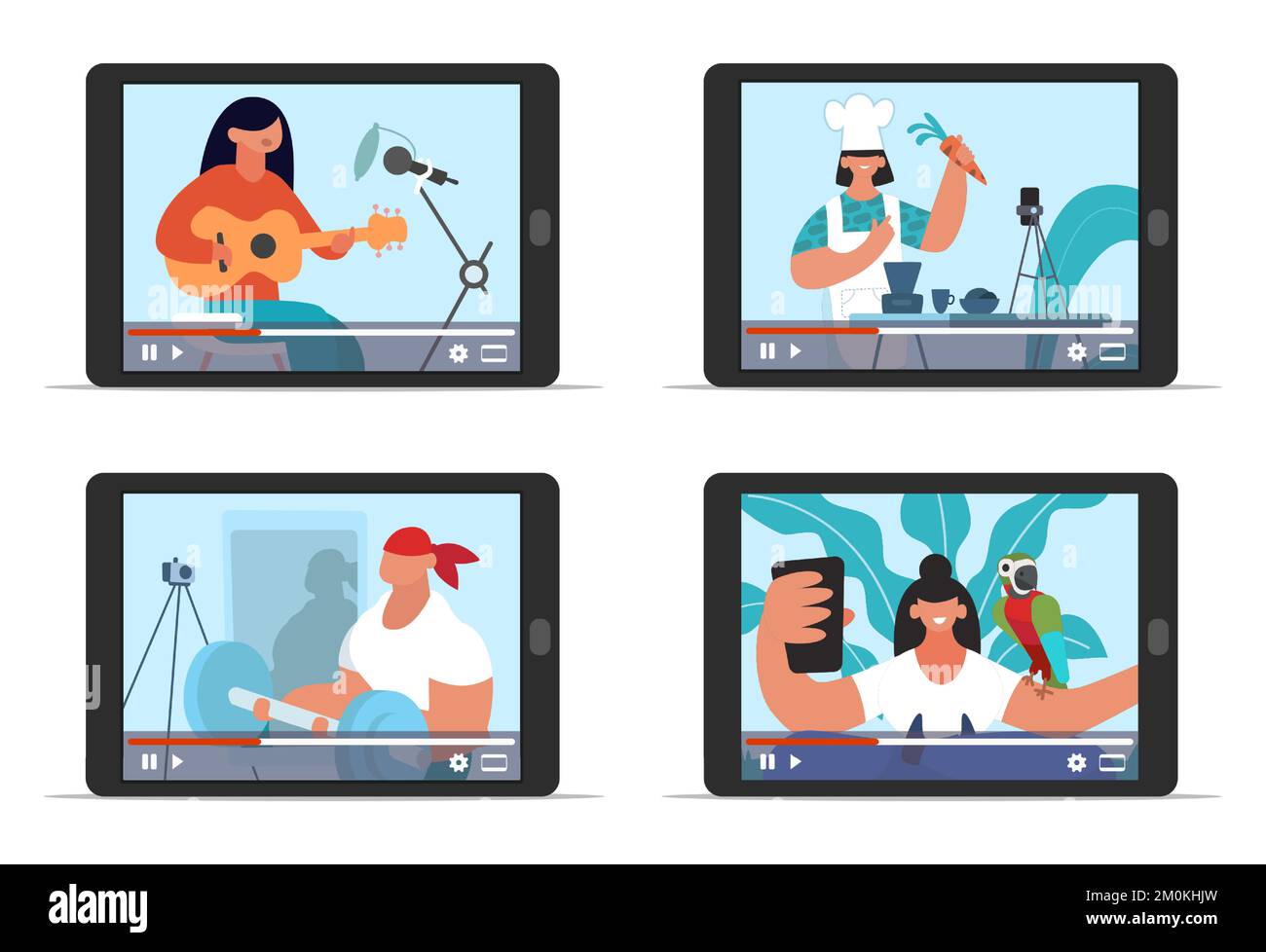 Video bloggers online streaming. Young people having vlogs. Girls playing guitar, cooking or having lifestyle blog Stock Vector
