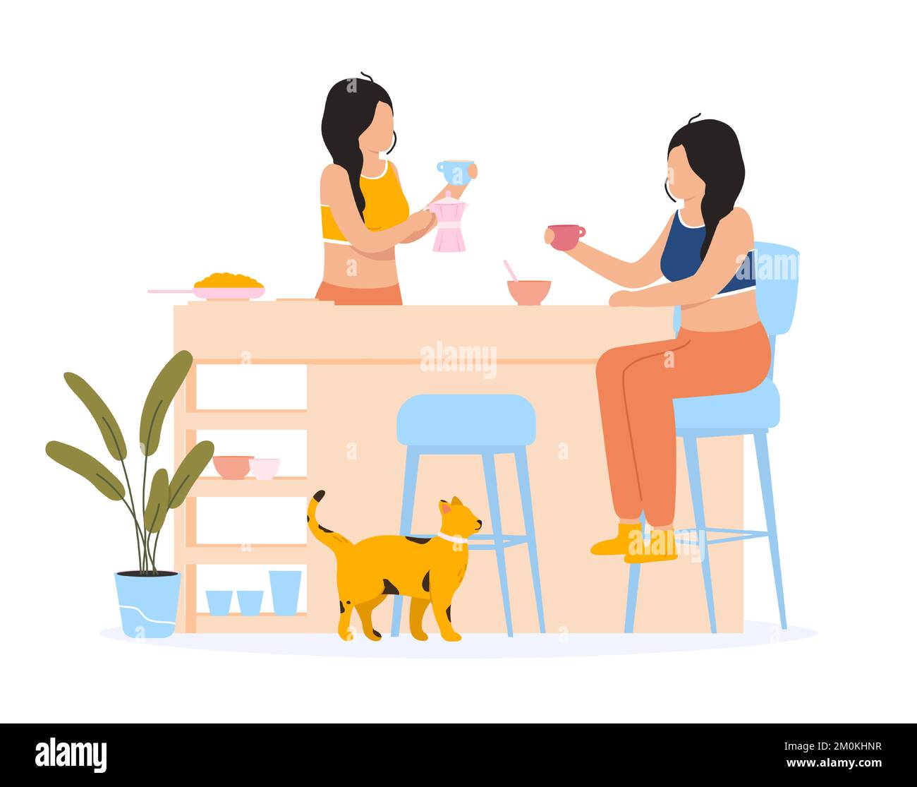 Women friends chatting at breakfast at home. Young female characters sitting at table in kitchen and drinking cup of coffee Stock Vector