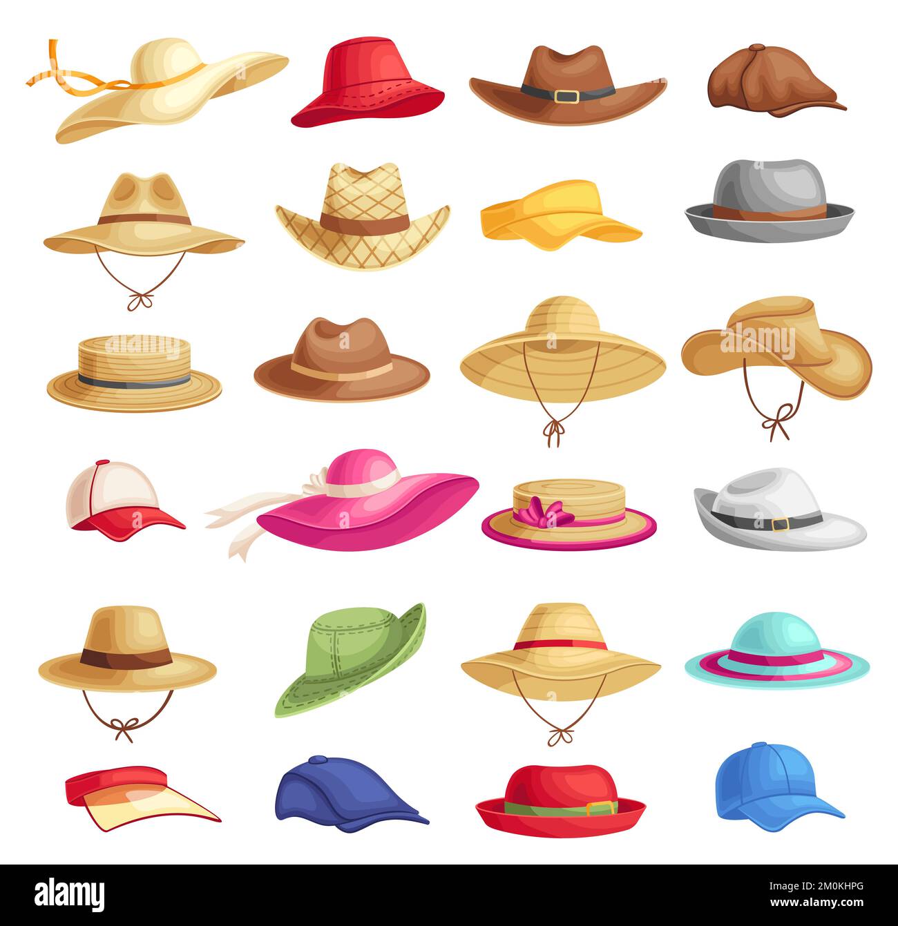 Bright colorful headgear for sunny weather. Female and male hats for vacation. Different stylish accessories Stock Vector