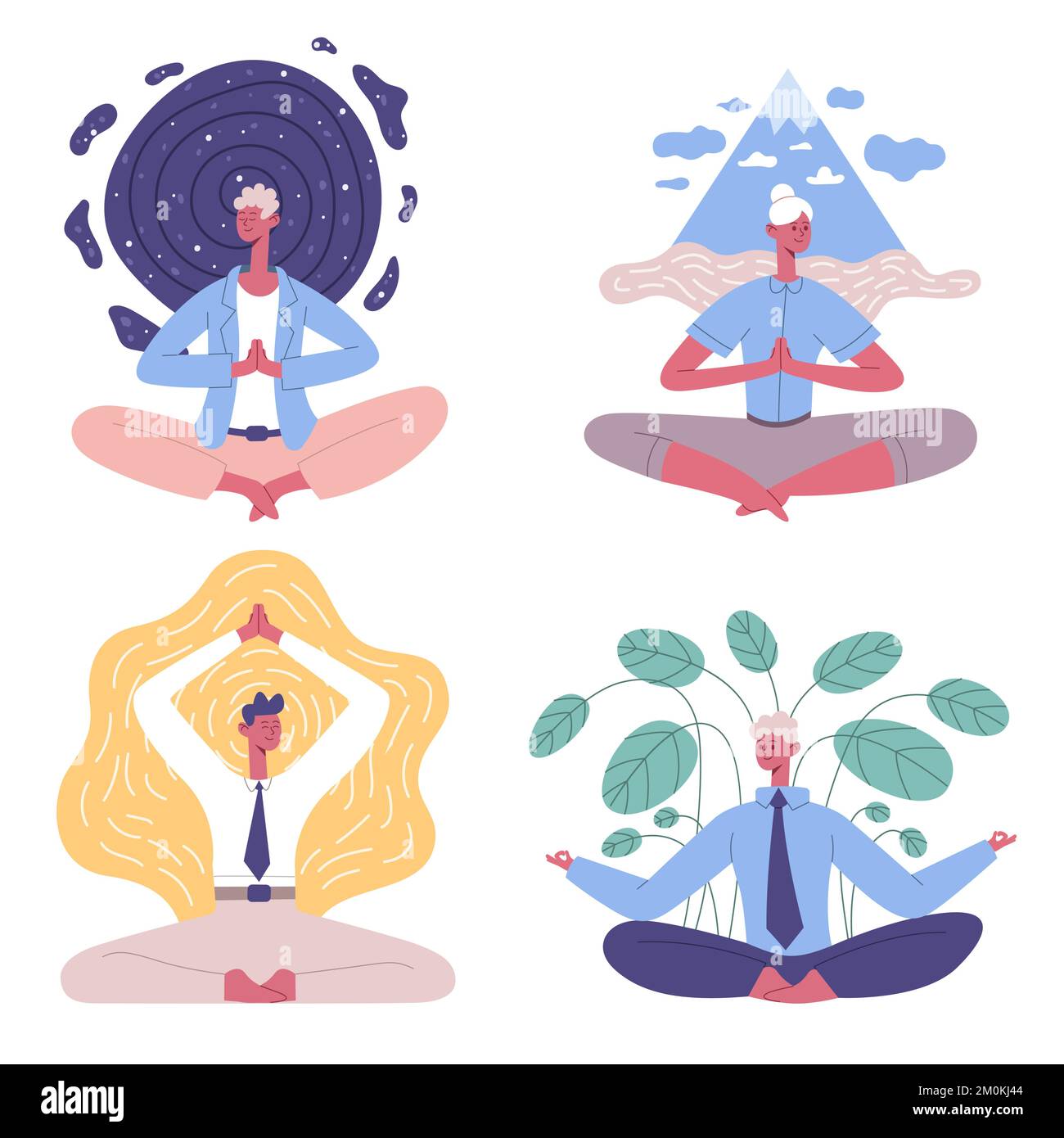 Employees meditating in yoga lotus pose. Man and woman office workers practicing yoga, sitting in zen position relieving stress Stock Vector
