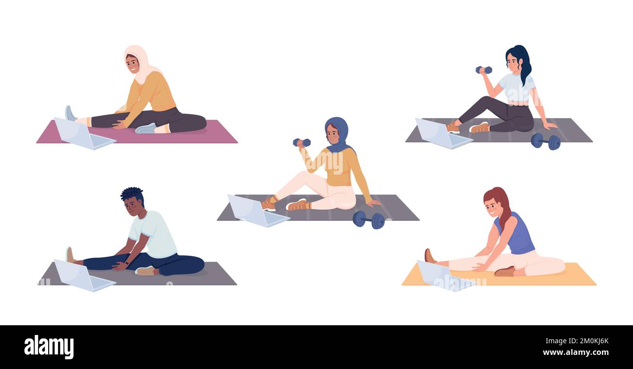 Exercising with online lesson semi flat color vector characters set Stock Vector