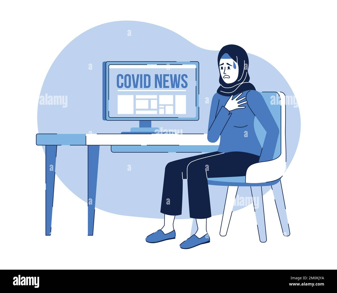 Lady scared of covid news 2D vector isolated linear illustration Stock Vector