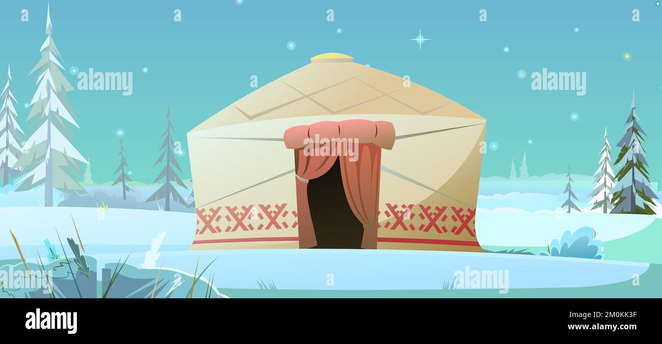 Yurt in tundra. Winter night landscape. Dwelling of northern nomadic peoples in Arctic. From felt and skins. illustration vector. Stock Vector