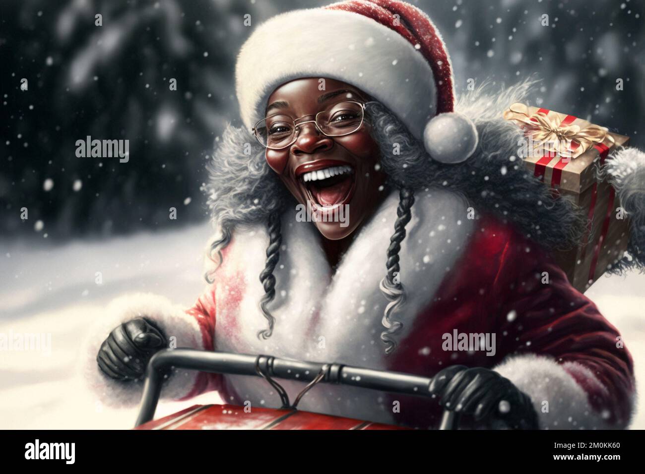 Happy black female Santa Claus bringing gifts on her sled. Generative AI. Stock Photo