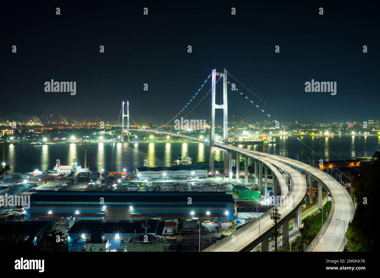 Ulsan Bridge and Factory Night View in Korea Stock Photo