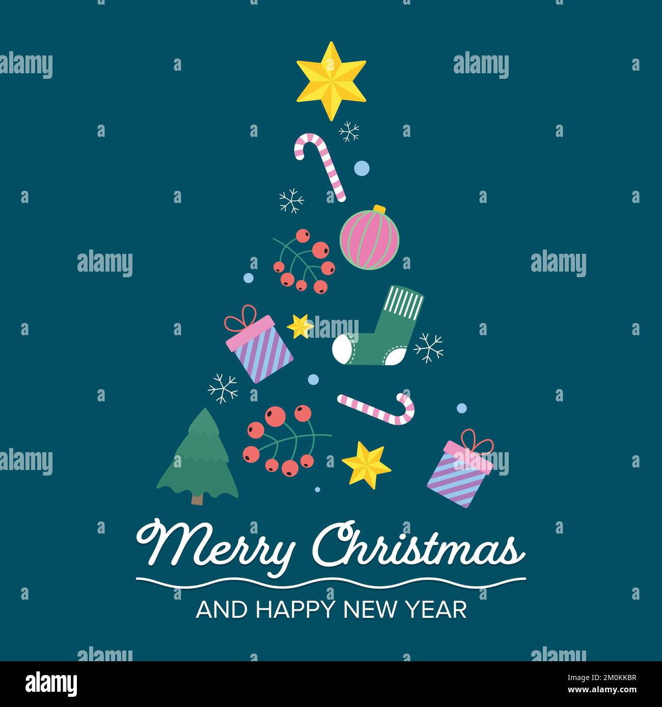 image of christmas tree is composed of gold star, candy, snowflakes ...