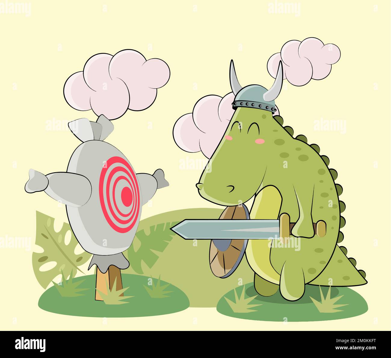 Dinosaur knight with target sword in vector Stock Vector