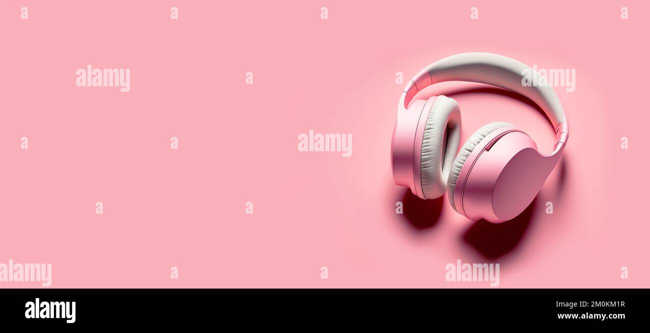 pink cordless headphones web banner background Stock Photo