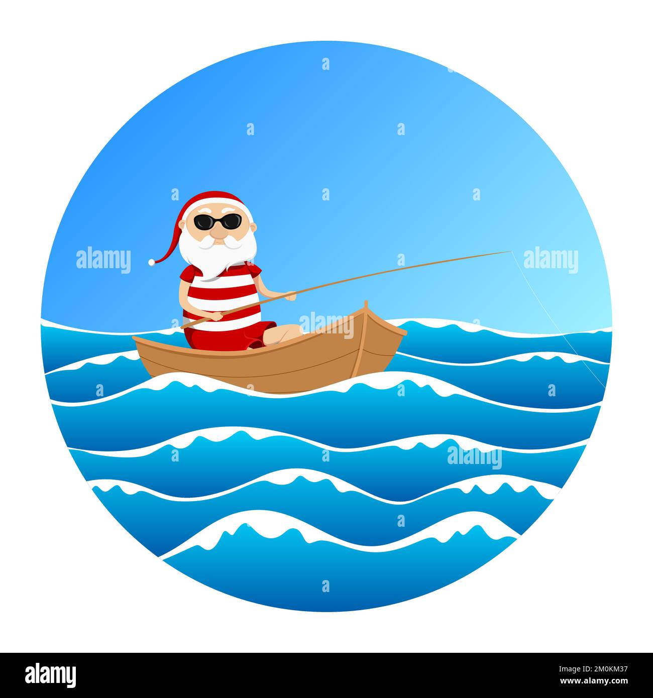 Santa Claus fishing on boat in ocean. Vector illustration Stock Vector