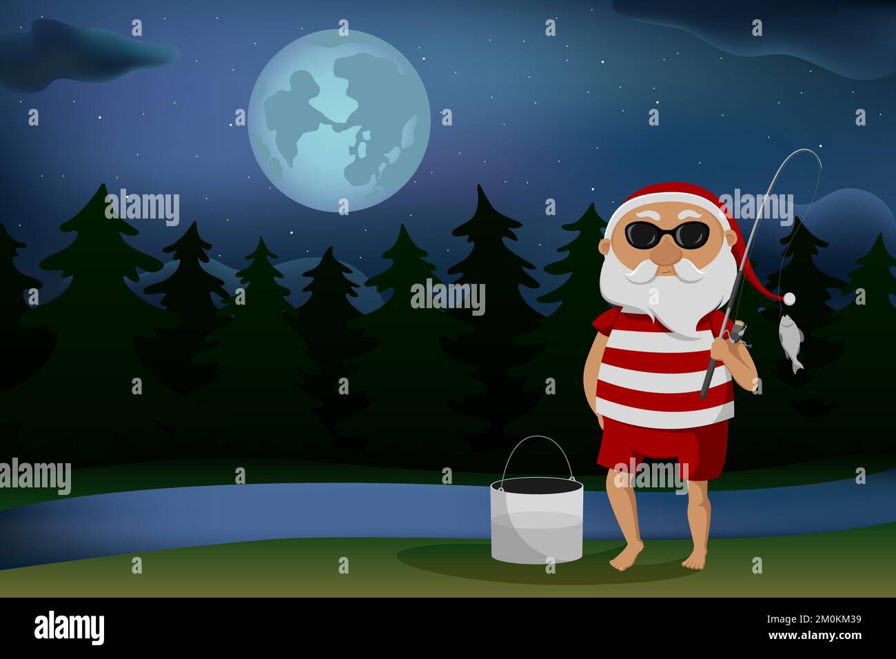 Santa Claus caught fish in river. Night fishing. Vector illustration